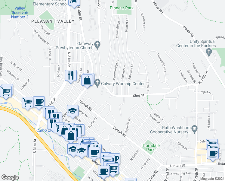 map of restaurants, bars, coffee shops, grocery stores, and more near 606 Crown Ridge Drive in Colorado Springs