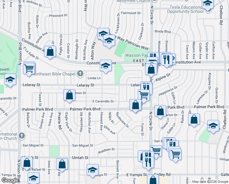 map of restaurants, bars, coffee shops, grocery stores, and more near 2570 Mount Vernon Street in Colorado Springs