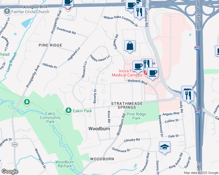 map of restaurants, bars, coffee shops, grocery stores, and more near 582 Woodburn Village Drive in Annandale