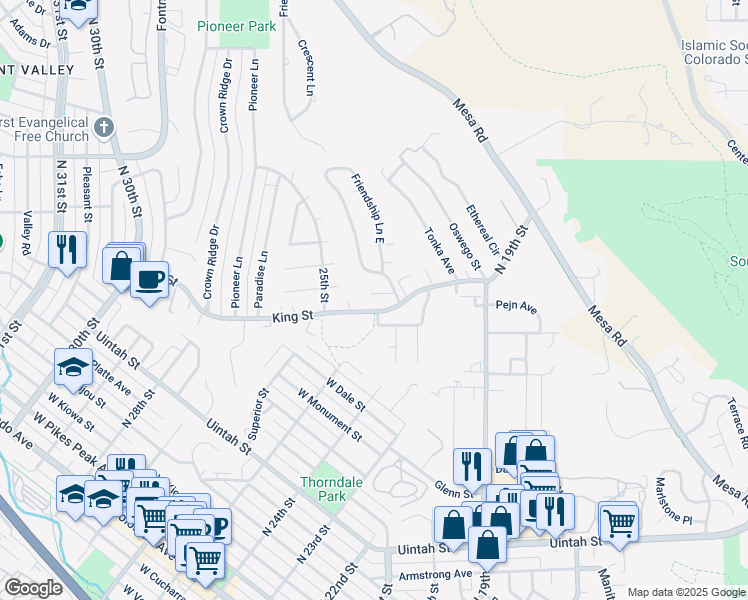 map of restaurants, bars, coffee shops, grocery stores, and more near 2207 Friendship Circle in Colorado Springs
