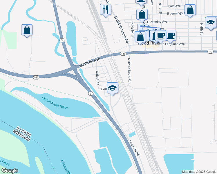 map of restaurants, bars, coffee shops, grocery stores, and more near 421 Evans Avenue in Wood River
