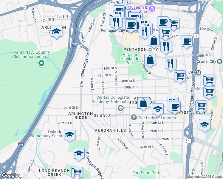map of restaurants, bars, coffee shops, grocery stores, and more near 1014 19th Street South in Arlington