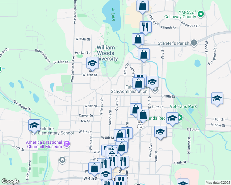 map of restaurants, bars, coffee shops, grocery stores, and more near 120 North Hospital Drive in Fulton