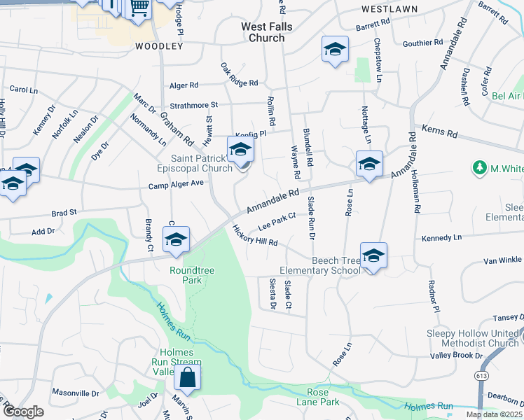 map of restaurants, bars, coffee shops, grocery stores, and more near 3285 Annandale Road in Falls Church