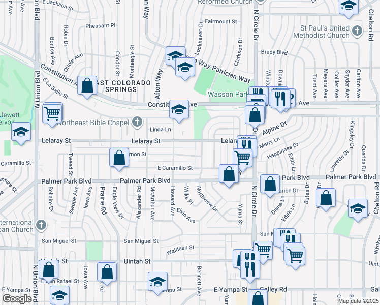 map of restaurants, bars, coffee shops, grocery stores, and more near in Colorado Springs
