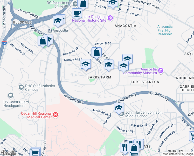 map of restaurants, bars, coffee shops, grocery stores, and more near 2407 Pomeroy Road Southeast in Washington