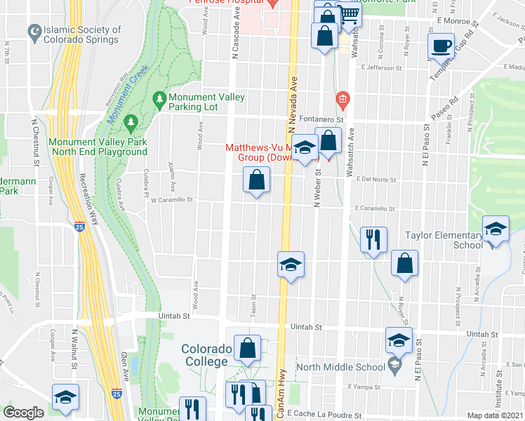 map of restaurants, bars, coffee shops, grocery stores, and more near 115 East Caramillo Street in Colorado Springs