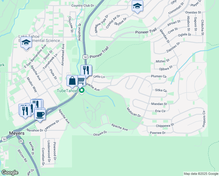 map of restaurants, bars, coffee shops, grocery stores, and more near 1911 Mohican Drive in South Lake Tahoe