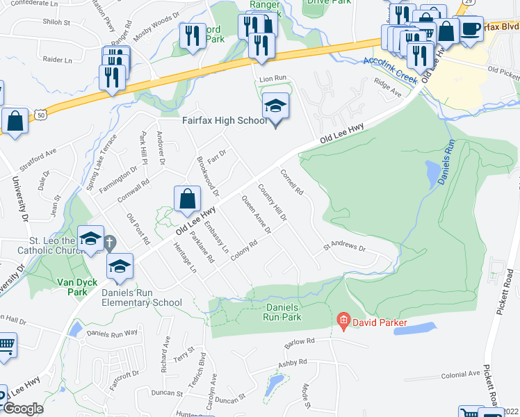 map of restaurants, bars, coffee shops, grocery stores, and more near 3510 Queen Anne Drive in Fairfax