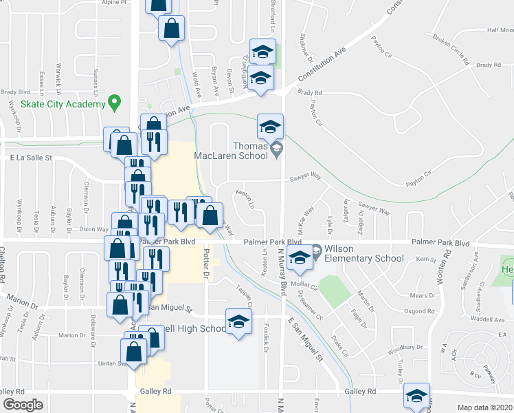 map of restaurants, bars, coffee shops, grocery stores, and more near 1545 Keaton Lane in Colorado Springs