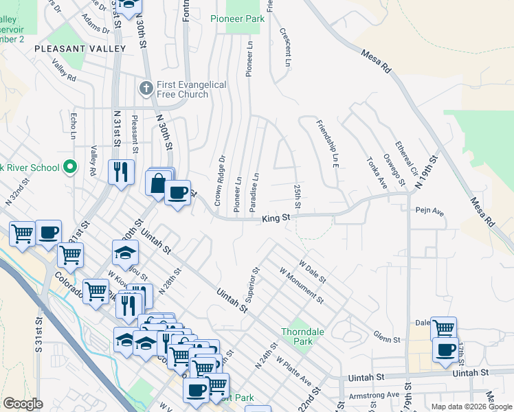 map of restaurants, bars, coffee shops, grocery stores, and more near 611 Paradise Lane in Colorado Springs