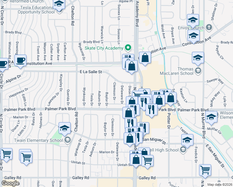 map of restaurants, bars, coffee shops, grocery stores, and more near 1623 Clemson Drive in Colorado Springs