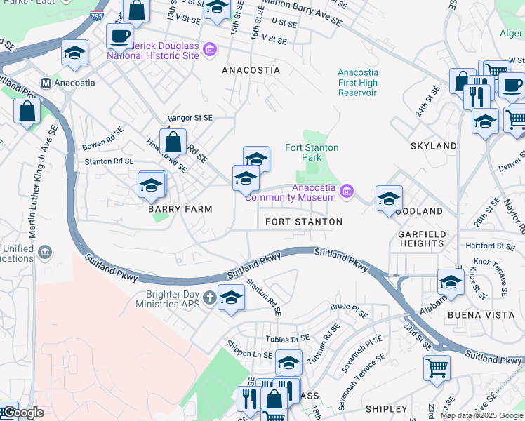 map of restaurants, bars, coffee shops, grocery stores, and more near 1603 Frankford Street Southeast in Washington