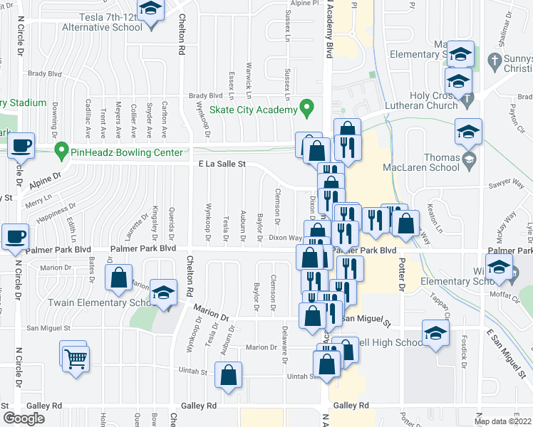 map of restaurants, bars, coffee shops, grocery stores, and more near 1611 Baylor Drive in Colorado Springs