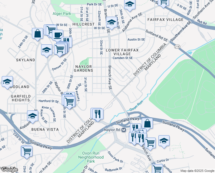 map of restaurants, bars, coffee shops, grocery stores, and more near 2807 Branch Avenue Southeast in Washington