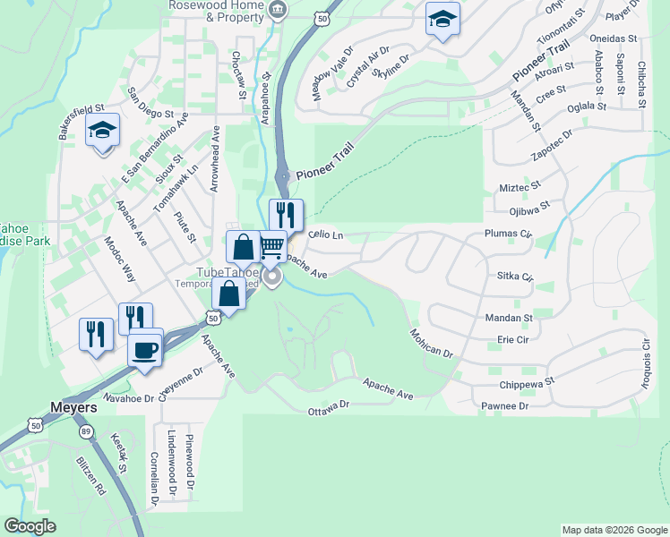 map of restaurants, bars, coffee shops, grocery stores, and more near 1911 Mohican Drive in South Lake Tahoe