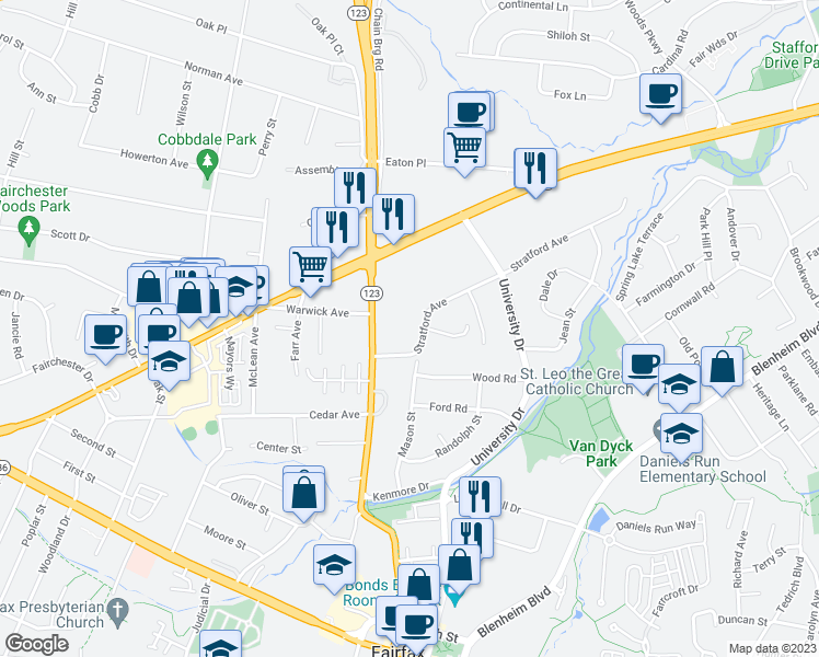 map of restaurants, bars, coffee shops, grocery stores, and more near 10402 Stratford Avenue in Fairfax