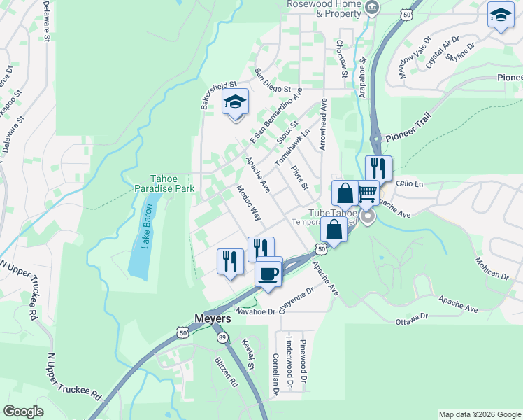 map of restaurants, bars, coffee shops, grocery stores, and more near 1125 Modoc Way in South Lake Tahoe