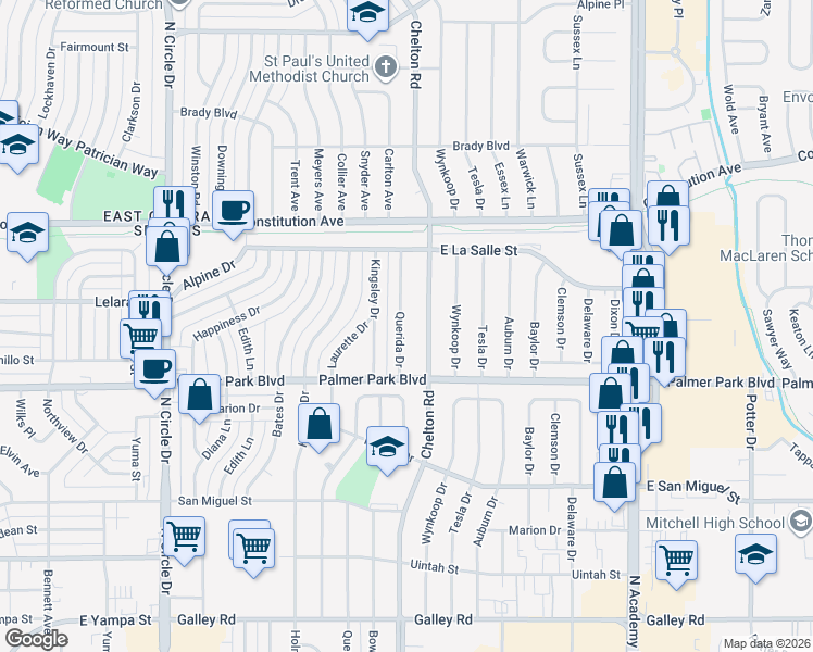 map of restaurants, bars, coffee shops, grocery stores, and more near 1611 Querida Drive in Colorado Springs