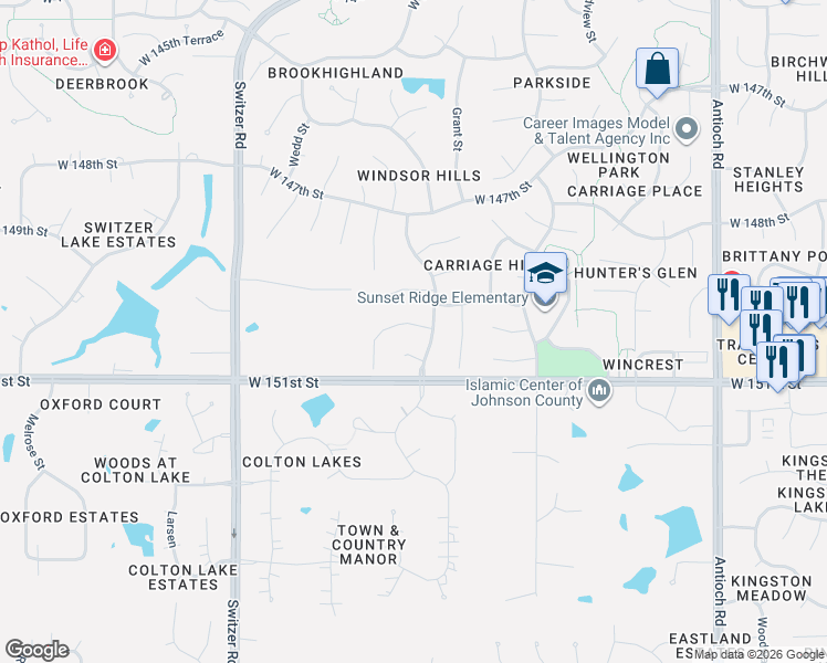 map of restaurants, bars, coffee shops, grocery stores, and more near 9601 West 150th Street in Overland Park