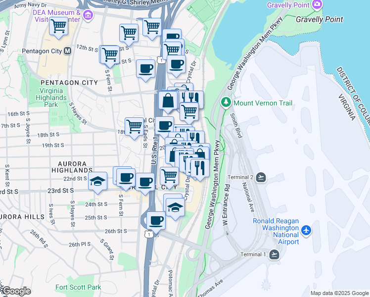 map of restaurants, bars, coffee shops, grocery stores, and more near 223 20th Street South in Arlington