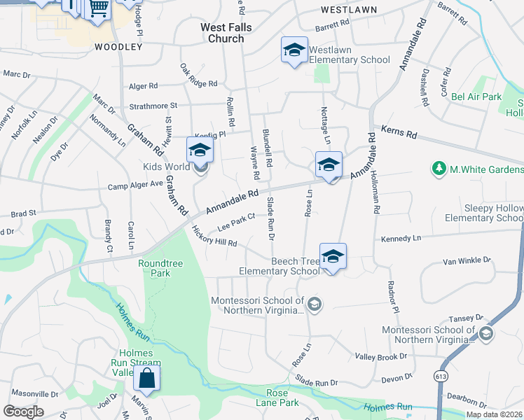 map of restaurants, bars, coffee shops, grocery stores, and more near 7002 Lee Park Court in Falls Church