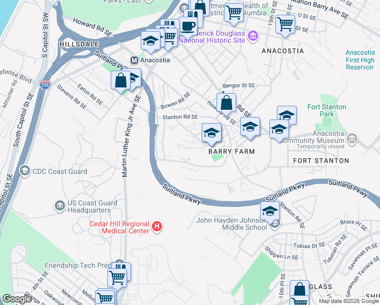 map of restaurants, bars, coffee shops, grocery stores, and more near 2701 Douglas Place in Washington