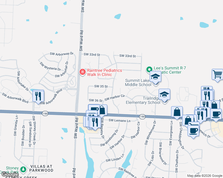 map of restaurants, bars, coffee shops, grocery stores, and more near 801 Southwest 35 Street in Lee's Summit