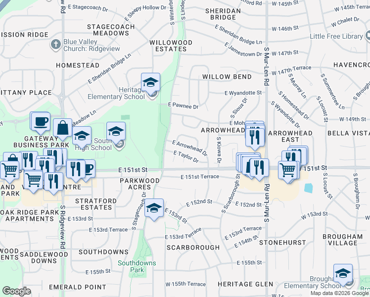 map of restaurants, bars, coffee shops, grocery stores, and more near 2113 E Arrowhead Dr in Olathe