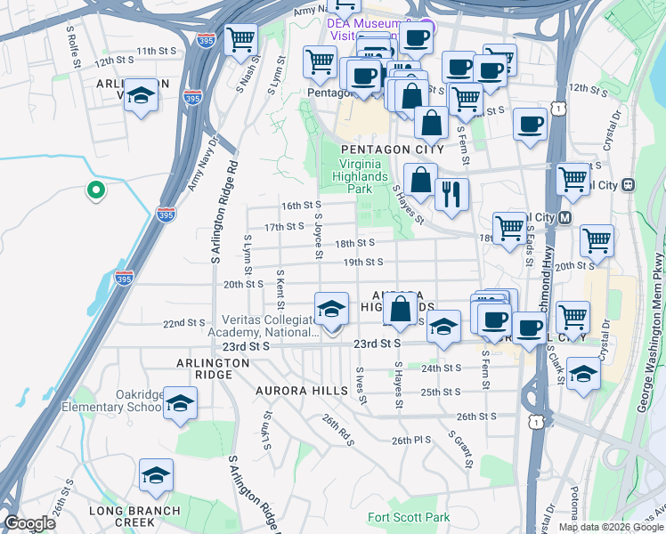 map of restaurants, bars, coffee shops, grocery stores, and more near 922 19th Street South in Arlington