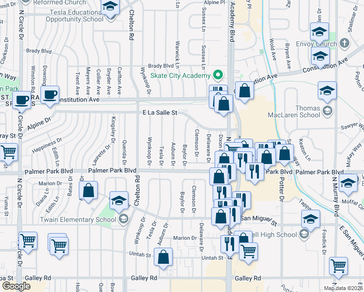 map of restaurants, bars, coffee shops, grocery stores, and more near 1610 Baylor Drive in Colorado Springs