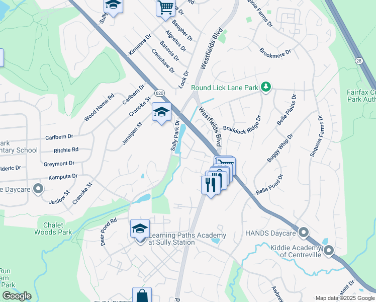 map of restaurants, bars, coffee shops, grocery stores, and more near 14601 Creek Valley Court in Centreville