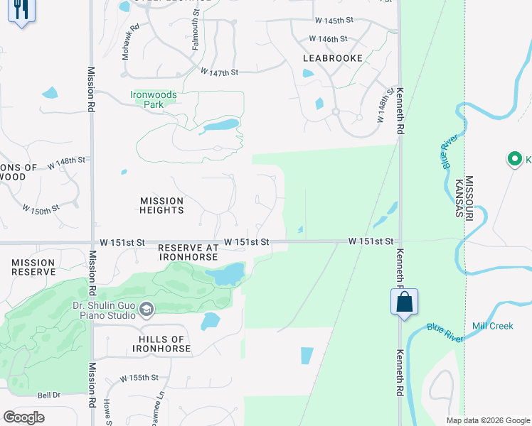 map of restaurants, bars, coffee shops, grocery stores, and more near 3103 West 150th Terrace in Overland Park