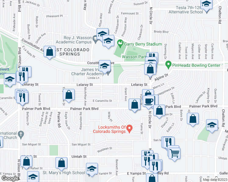 map of restaurants, bars, coffee shops, grocery stores, and more near in Colorado Springs