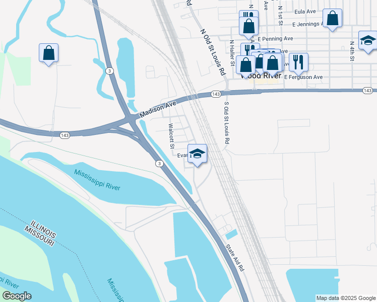 map of restaurants, bars, coffee shops, grocery stores, and more near 421 Evans Avenue in Wood River