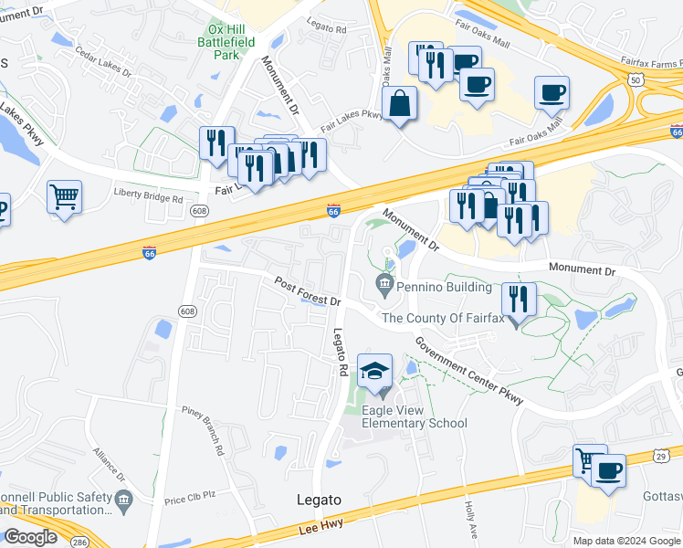 map of restaurants, bars, coffee shops, grocery stores, and more near Pine Forest Circle in Fairfax