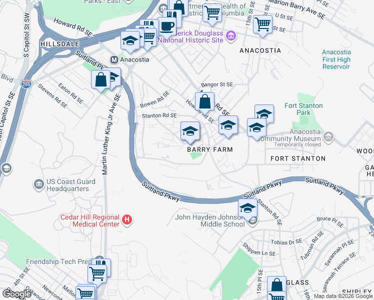 map of restaurants, bars, coffee shops, grocery stores, and more near 2620 Douglass Road Southeast in Washington