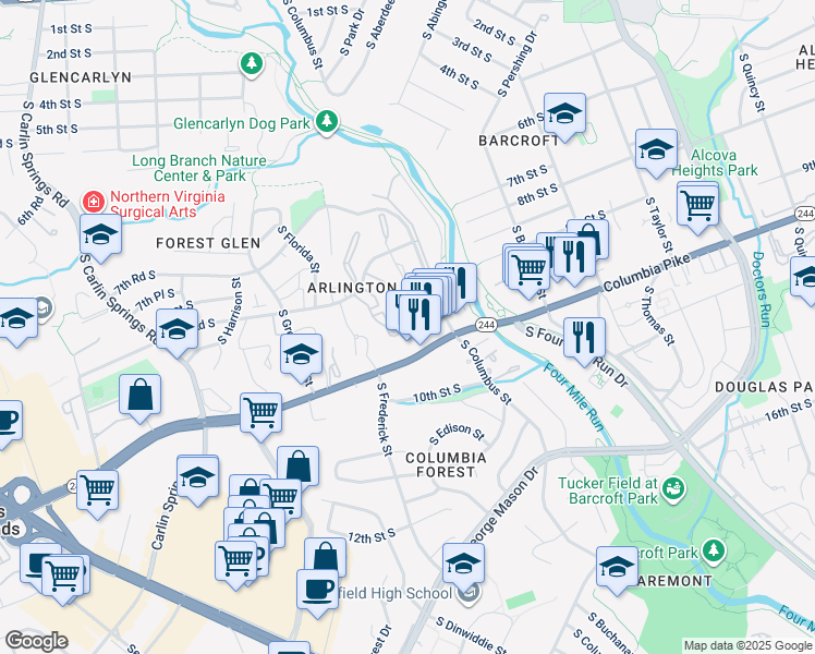 map of restaurants, bars, coffee shops, grocery stores, and more near 5050 9th Street South in Arlington