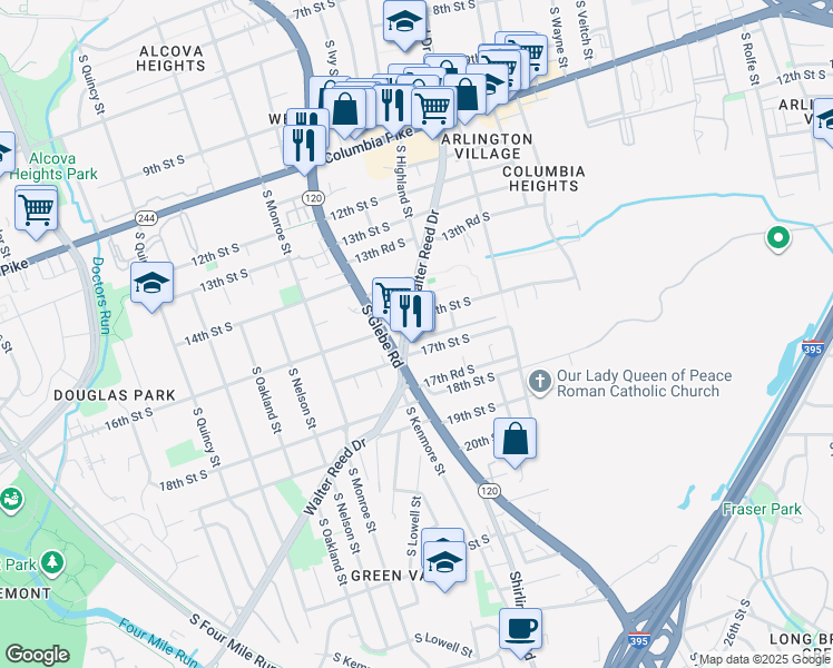 map of restaurants, bars, coffee shops, grocery stores, and more near 1611 South Walter Reed Drive in Arlington