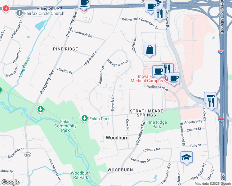 map of restaurants, bars, coffee shops, grocery stores, and more near 8365 Thompson Road in Annandale