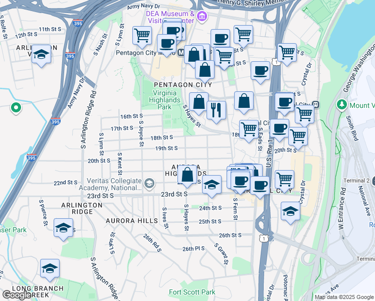 map of restaurants, bars, coffee shops, grocery stores, and more near 738 19th Street South in Arlington