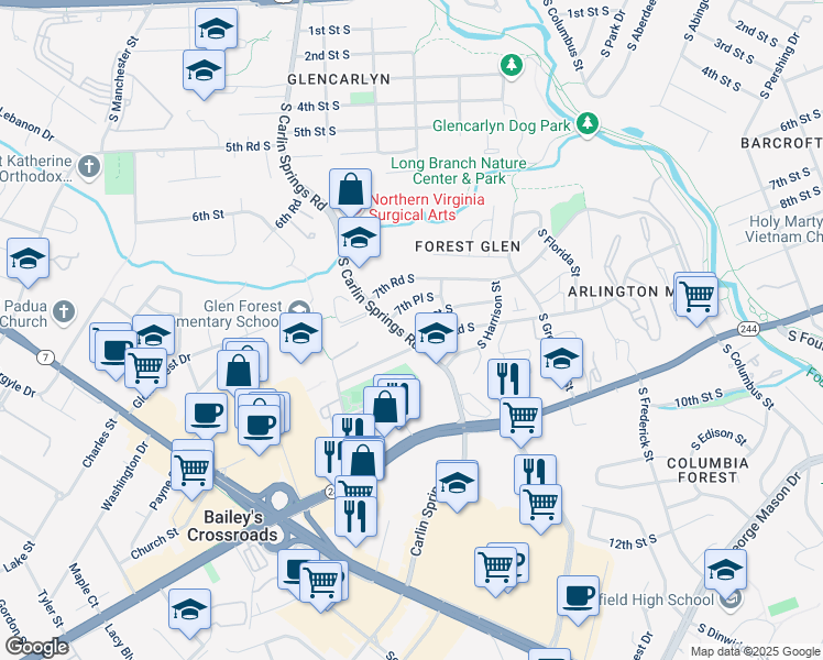 map of restaurants, bars, coffee shops, grocery stores, and more near 5625 8th Street South in Arlington