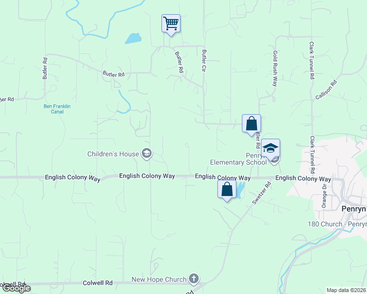 map of restaurants, bars, coffee shops, grocery stores, and more near 6405 English Colony Way in Penryn