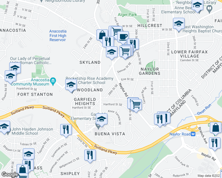 map of restaurants, bars, coffee shops, grocery stores, and more near 2829 28th Street Southeast in Washington
