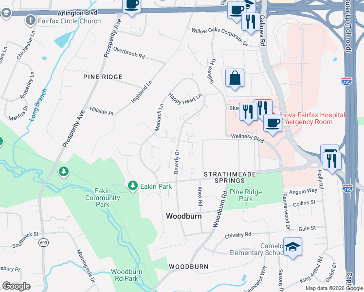 map of restaurants, bars, coffee shops, grocery stores, and more near 8365 Thompson Road in Annandale