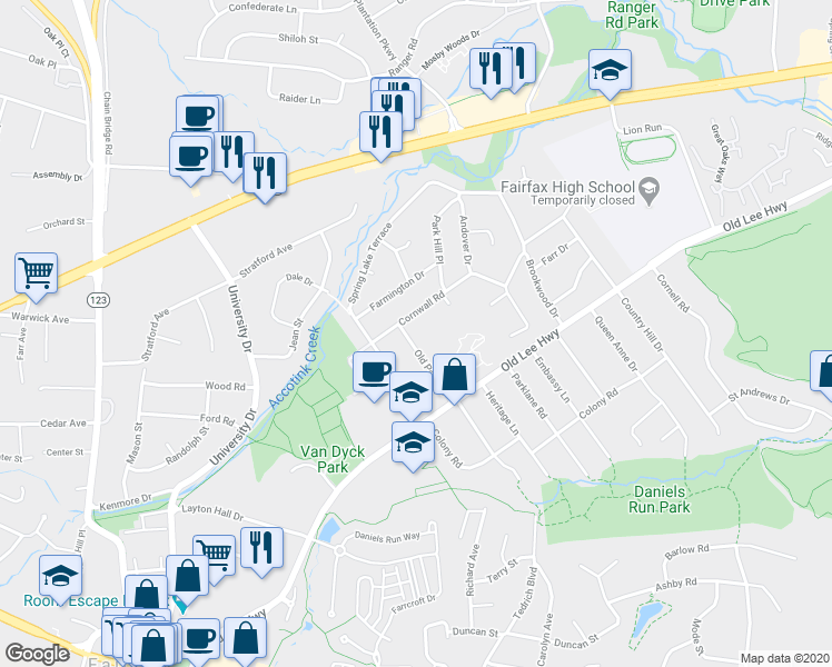 map of restaurants, bars, coffee shops, grocery stores, and more near 3502 Old Post Road in Fairfax