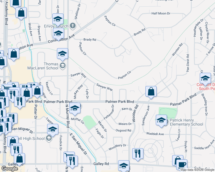 map of restaurants, bars, coffee shops, grocery stores, and more near 1750 Sawyer Way in Colorado Springs