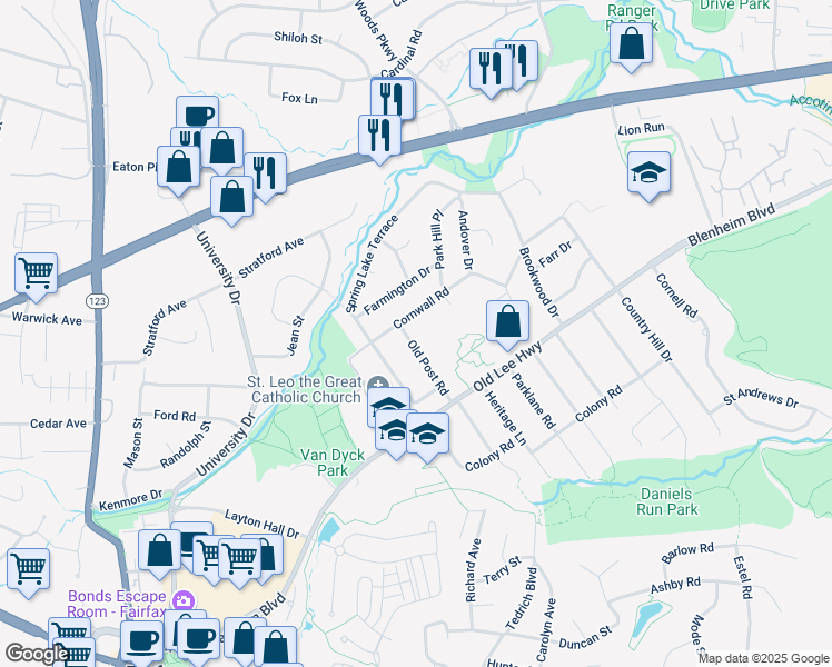map of restaurants, bars, coffee shops, grocery stores, and more near 3502 Old Post Road in Fairfax