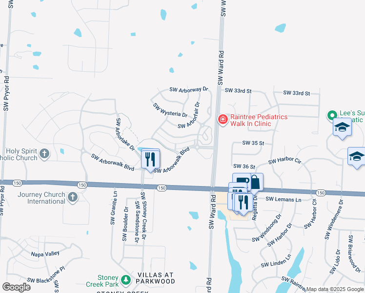 map of restaurants, bars, coffee shops, grocery stores, and more near 1160 Southwest Arbor Park Lane in Lee's Summit