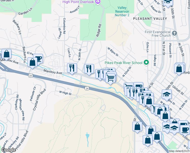 map of restaurants, bars, coffee shops, grocery stores, and more near 3436 Colorado Avenue in Colorado Springs